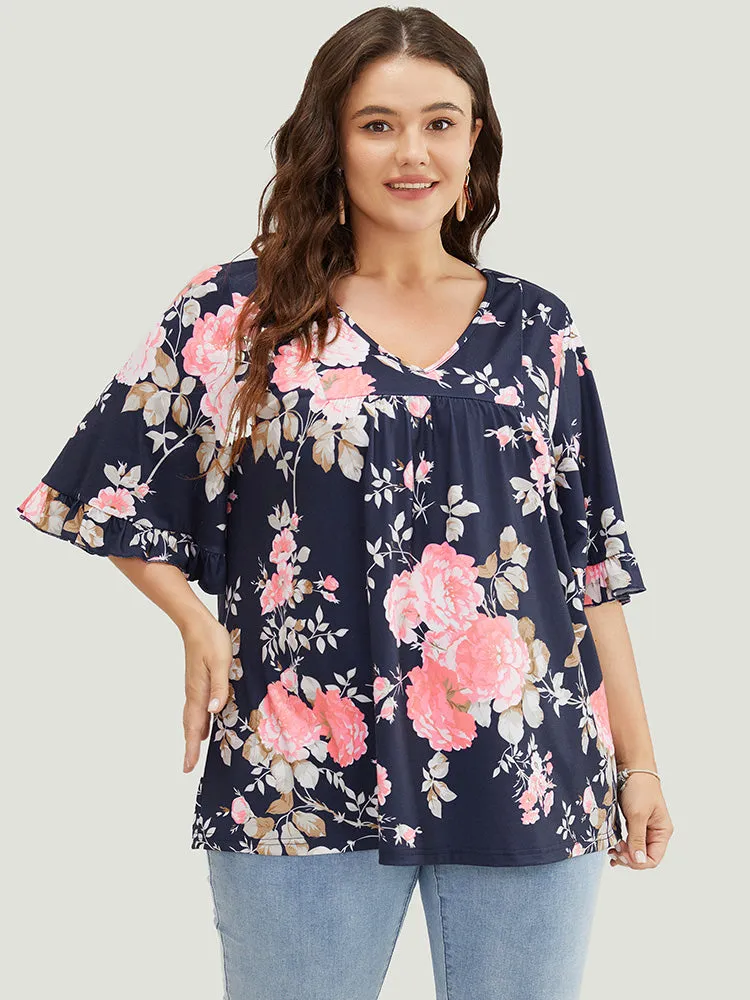 Floral Print Flutter Sleeve Gathered Detail T-shirt sold by Bloomchic product image thumbnail 2