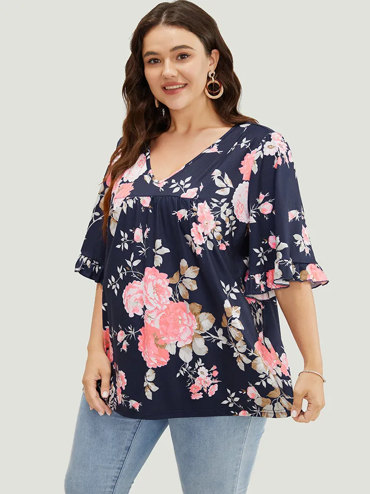Floral Print Flutter Sleeve Gathered Detail T-shirt sold by Bloomchic product image thumbnail 3