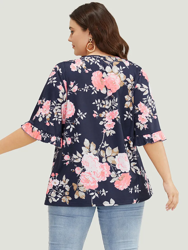 Floral Print Flutter Sleeve Gathered Detail T-shirt sold by Bloomchic product image thumbnail 4