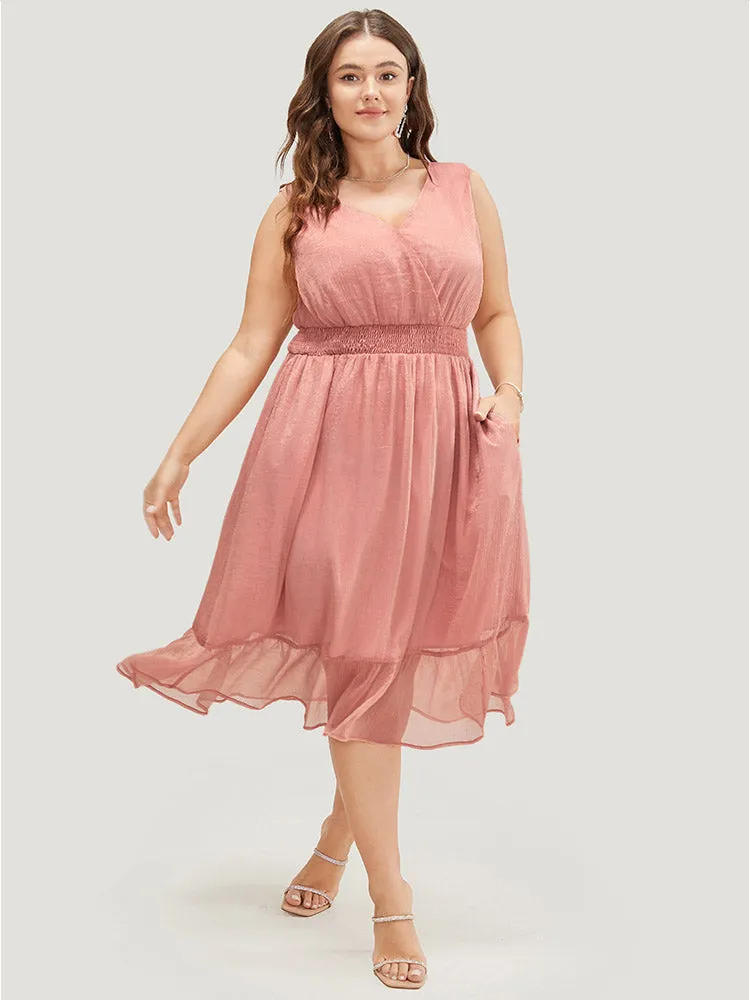 Solid Pocket Ruffle Hem Wrap Shirred Tank Dress sold by Bloomchic