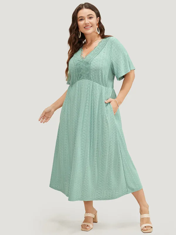 Solid Ruffle Sleeve Pocket Contrast Lace Broderie Anglaise Dress sold by Bloomchic