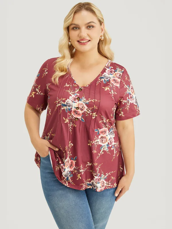 Floral Print Button Detail Pleated V Neck T-shirt sold by Bloomchic