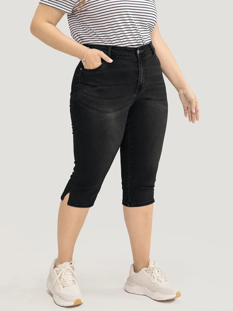 Very Stretchy Medium Wash Split Hem Knee Denim Shorts sold by Bloomchic