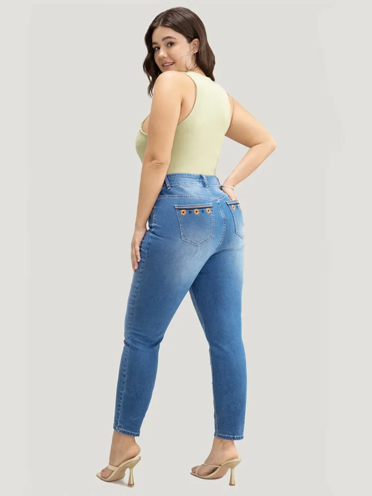 Very Stretchy High Rise Medium Wash Floral Embroidered Jeans sold by Bloomchic product image thumbnail 4