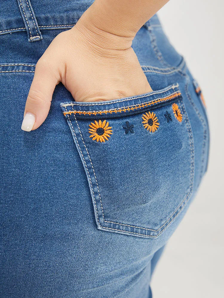 Very Stretchy High Rise Medium Wash Floral Embroidered Jeans sold by Bloomchic product image thumbnail 2