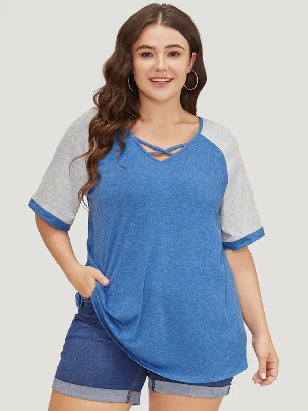 Colorblock Contrast Raglan Sleeve Crisscross Neck  T-shirt sold by Bloomchic