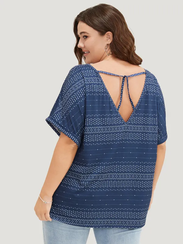Geometric Print Backless Roll Dolman Sleeve T-shirt sold by Bloomchic