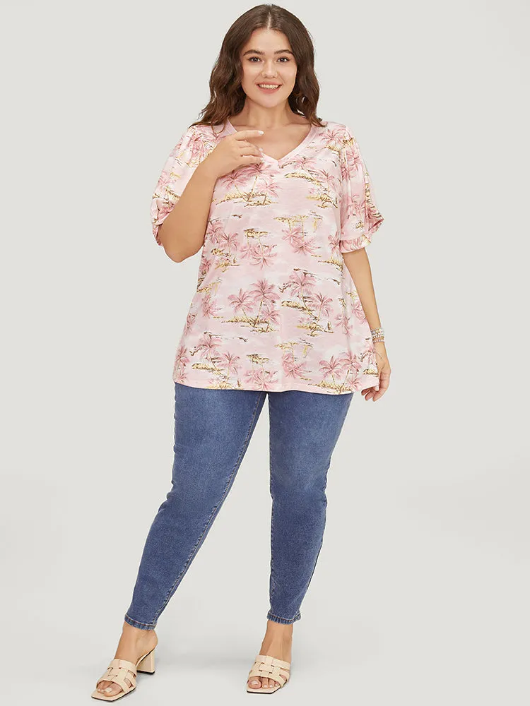 Coconut Tree Print Gathered Twist Sleeve T-shirt sold by Bloomchic product image thumbnail 4