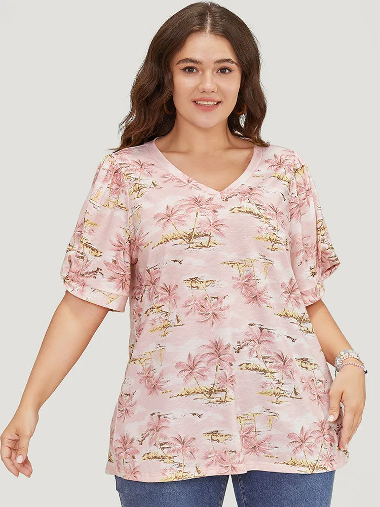 Coconut Tree Print Gathered Twist Sleeve T-shirt sold by Bloomchic