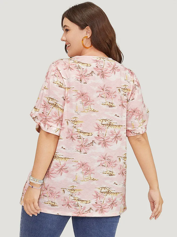 Coconut Tree Print Gathered Twist Sleeve T-shirt sold by Bloomchic product image thumbnail 2