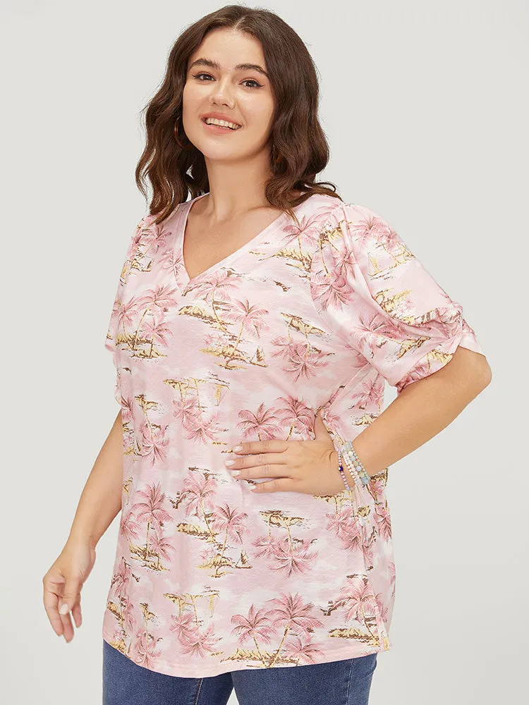 Coconut Tree Print Gathered Twist Sleeve T-shirt sold by Bloomchic product image thumbnail 3