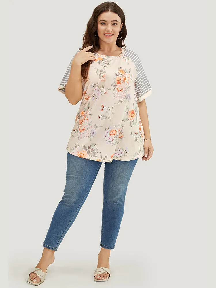 Floral & Striped Print Patchwork Roll Raglan Sleeve T-shirt sold by Bloomchic product image thumbnail 4