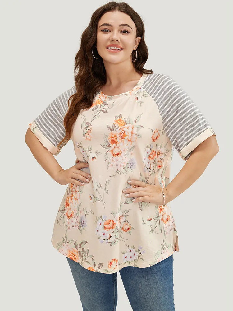 Floral & Striped Print Patchwork Roll Raglan Sleeve T-shirt sold by Bloomchic product image thumbnail 5