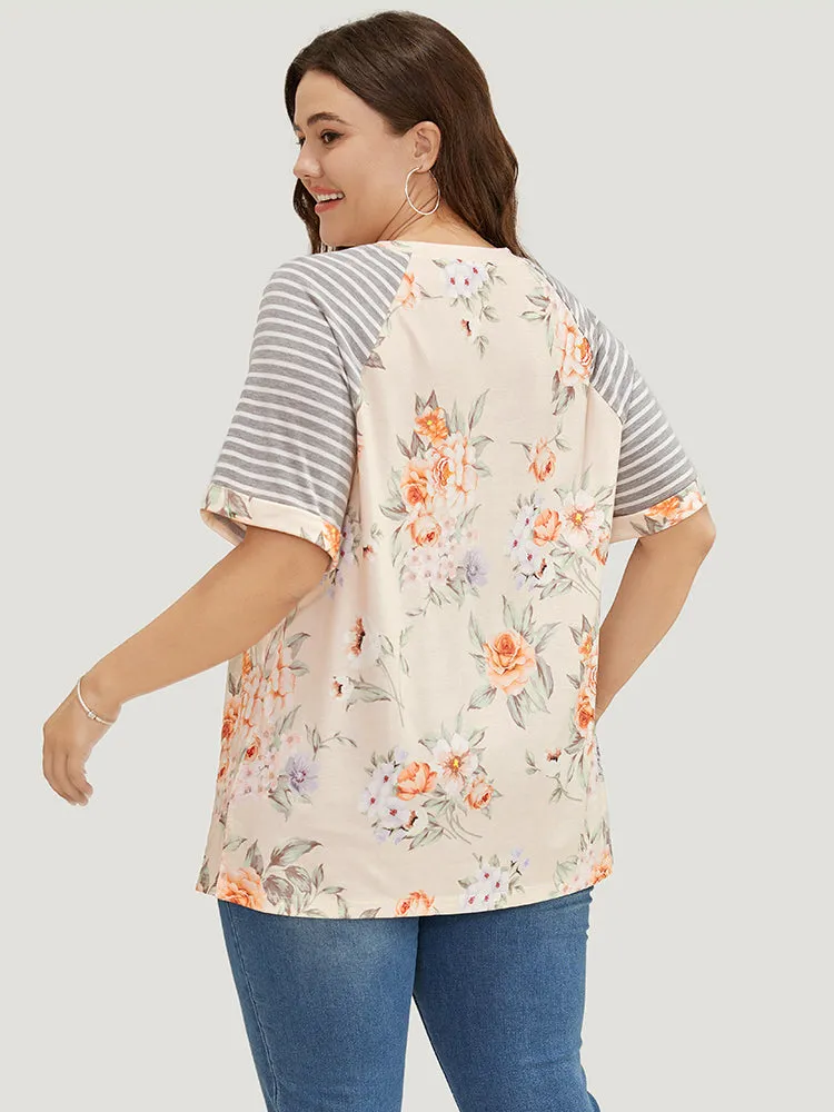 Floral & Striped Print Patchwork Roll Raglan Sleeve T-shirt sold by Bloomchic product image thumbnail 2