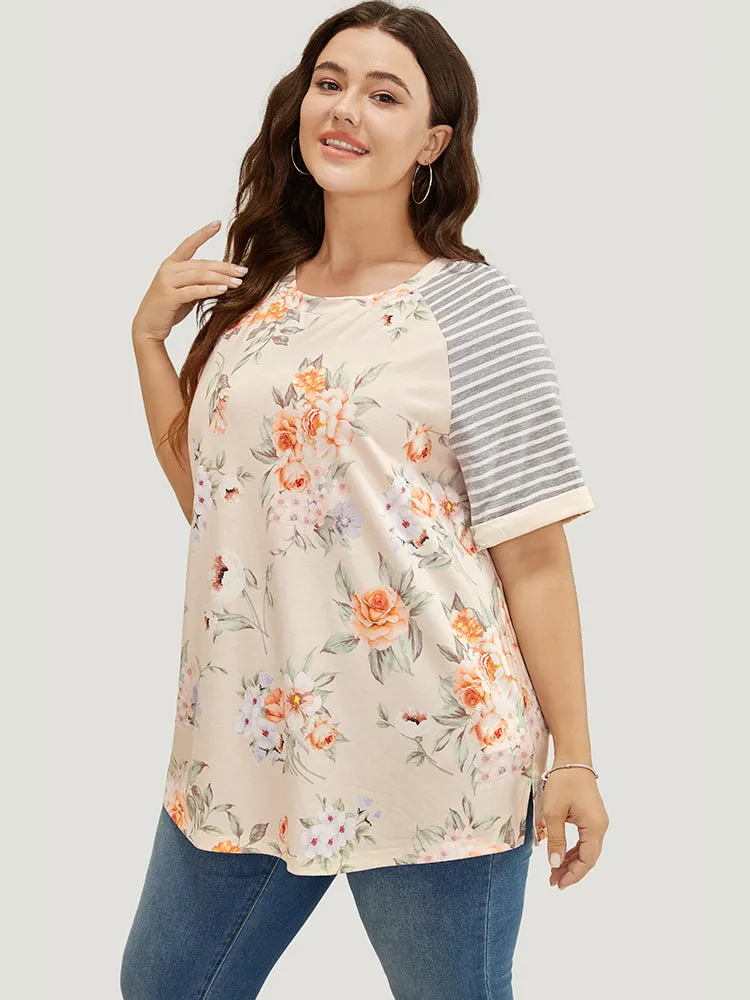 Floral & Striped Print Patchwork Roll Raglan Sleeve T-shirt sold by Bloomchic product image thumbnail 3