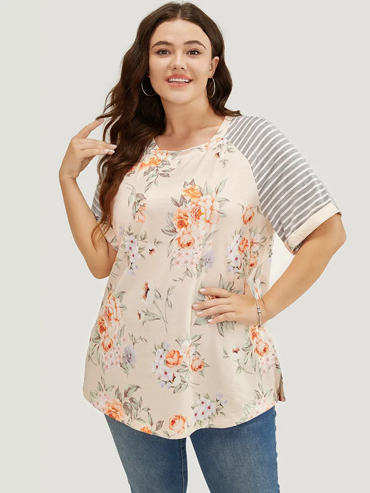 Floral & Striped Print Patchwork Roll Raglan Sleeve T-shirt sold by Bloomchic