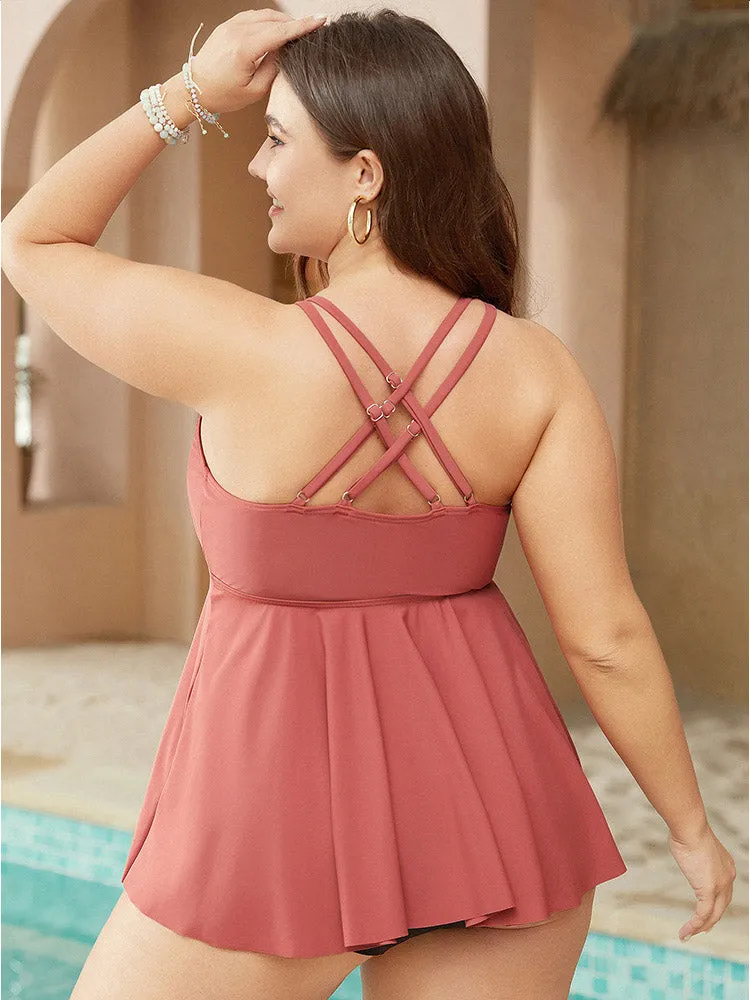 Ruffle Hem V Neck Crisscross Back Tankini Top sold by Bloomchic product image thumbnail 2
