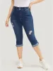 Very Stretchy Dark Wash Cuffed Hem Distressed Knee Denim Shorts sold by Bloomchic