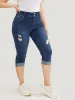 Very Stretchy Dark Wash Cuffed Hem Distressed Knee Denim Shorts sold by Bloomchic