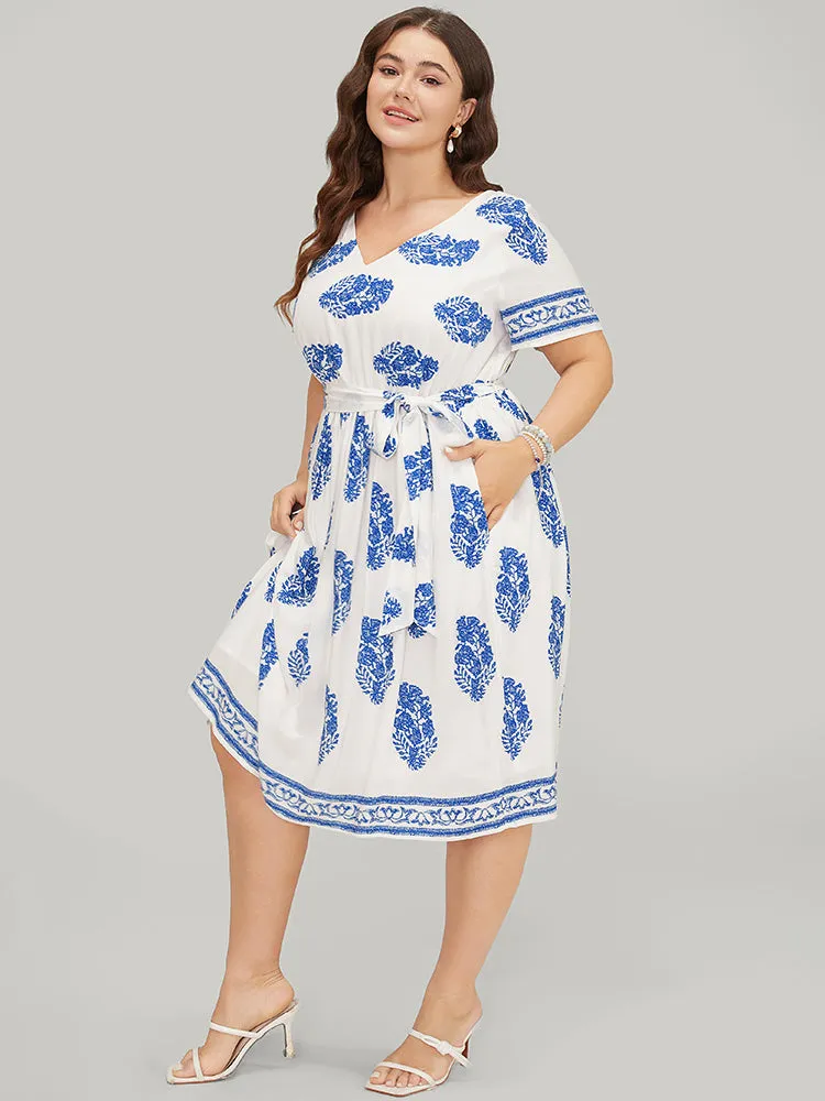 Floral Print Pocket Belted Ruffle Hem Knee Dress sold by Bloomchic product image thumbnail 5