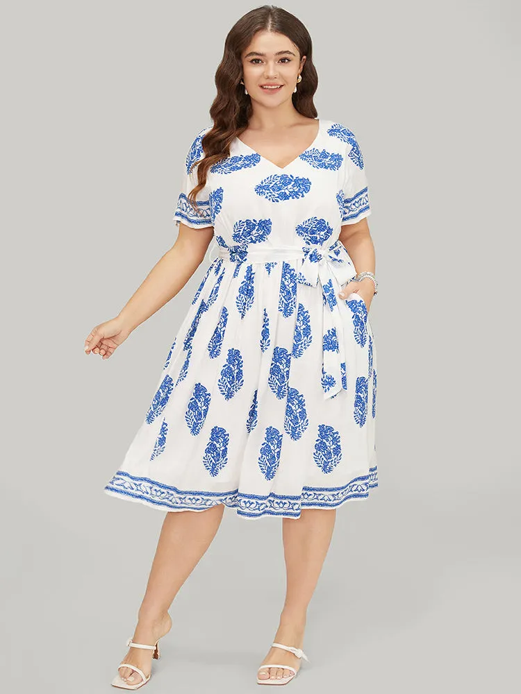 Floral Print Pocket Belted Ruffle Hem Knee Dress sold by Bloomchic product image thumbnail 3