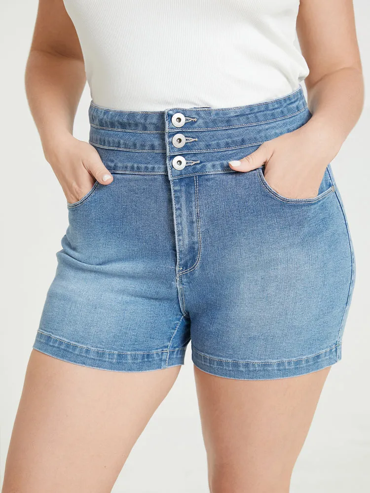 Very Stretchy Medium Wash Stitch Trim Denim Shorts sold by Bloomchic