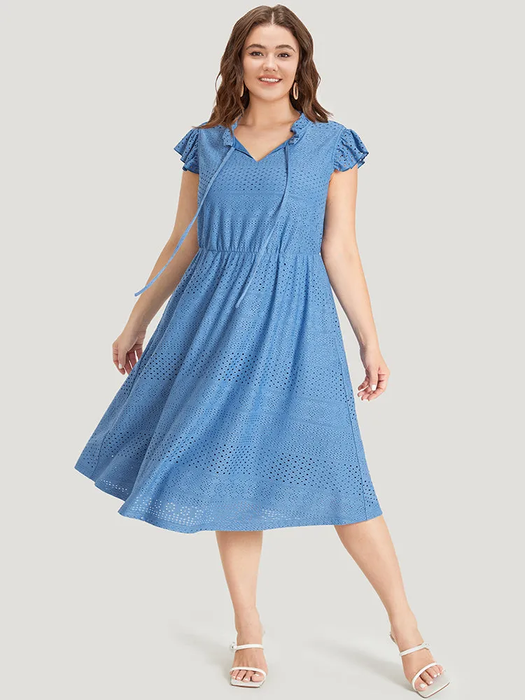 Plain Pocket Ruffle Tie Neck Cap Sleeve Broderie Anglaise Dress sold by Bloomchic product image thumbnail 2
