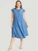 Plain Pocket Ruffle Tie Neck Cap Sleeve Broderie Anglaise Dress sold by Bloomchic