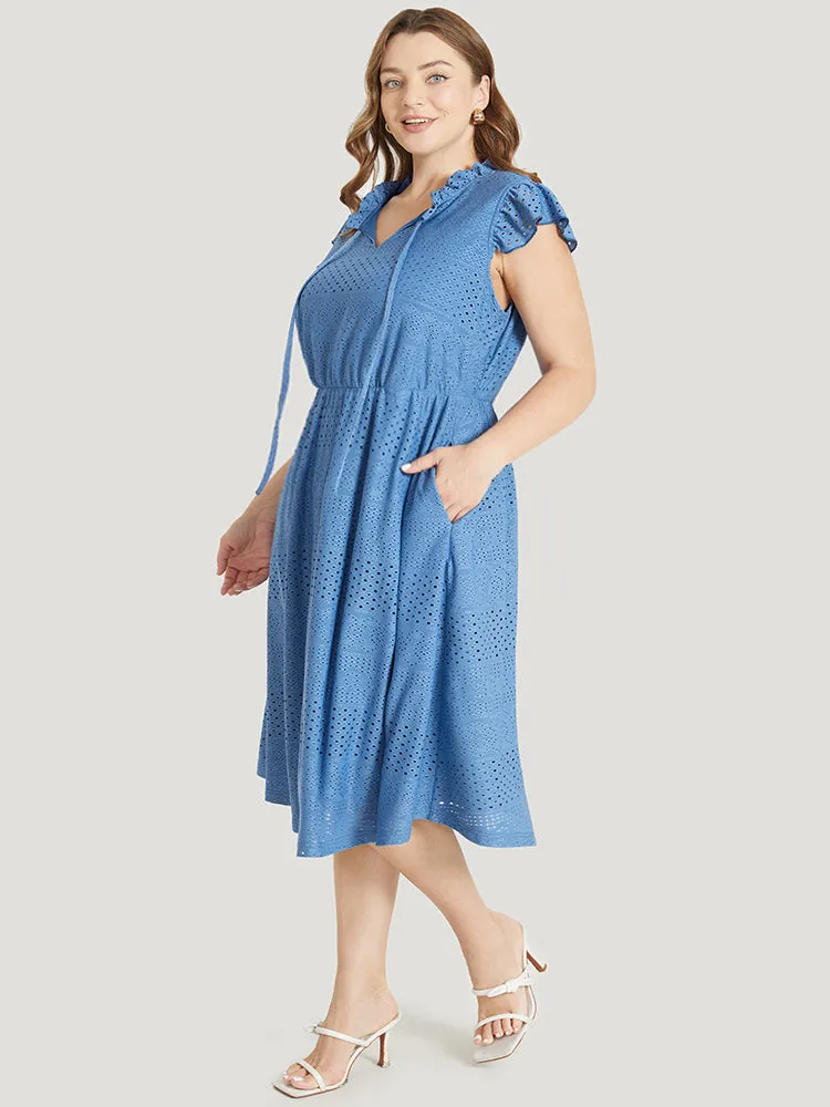 Plain Pocket Ruffle Tie Neck Cap Sleeve Broderie Anglaise Dress sold by Bloomchic product image thumbnail 4