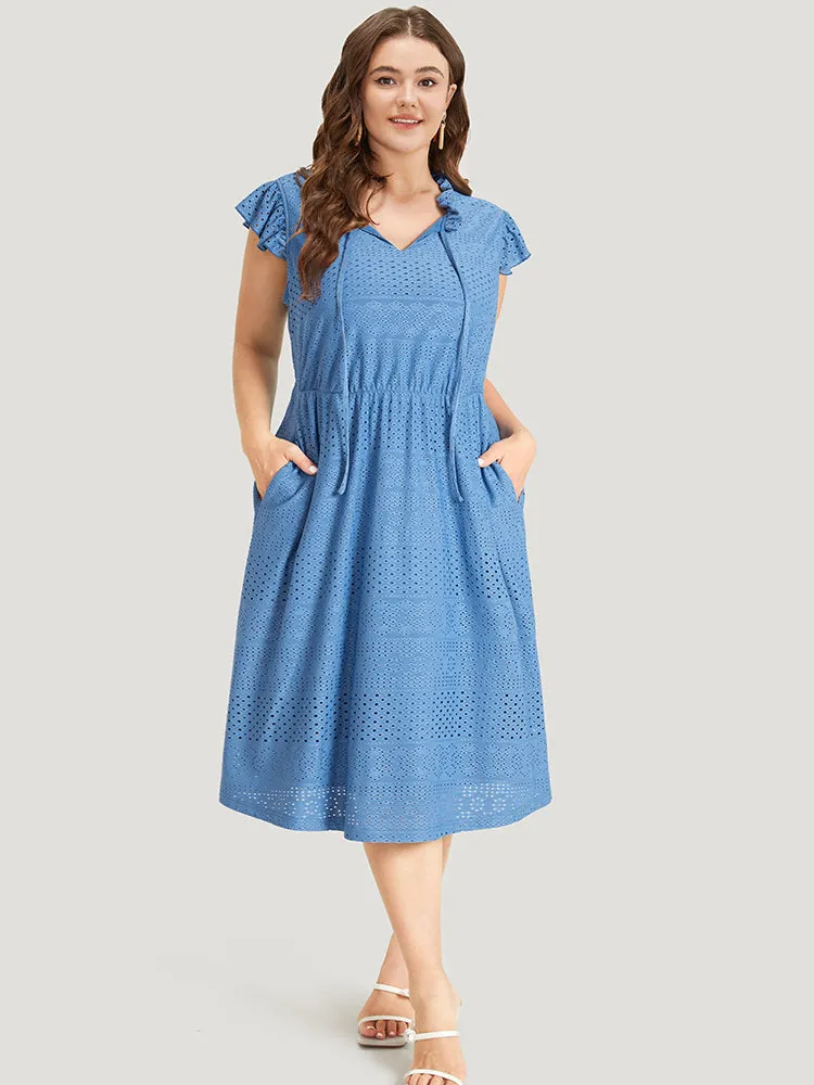 Plain Pocket Ruffle Tie Neck Cap Sleeve Broderie Anglaise Dress sold by Bloomchic