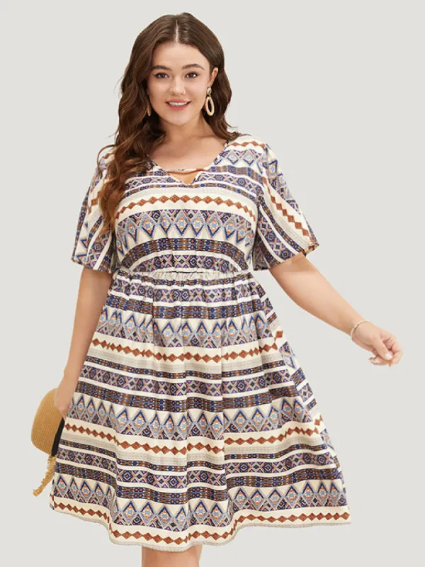 Bandana Print Pocket Ruffle Keyhole Knee Dress sold by Bloomchic