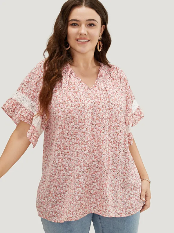 Ditsy Floral Frill Trim Lace Ruffle Sleeve Tie Neck Blouse sold by Bloomchic