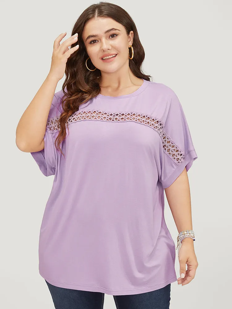 Solid Batwing Sleeve Eyelet Lace T-shirt sold by Bloomchic