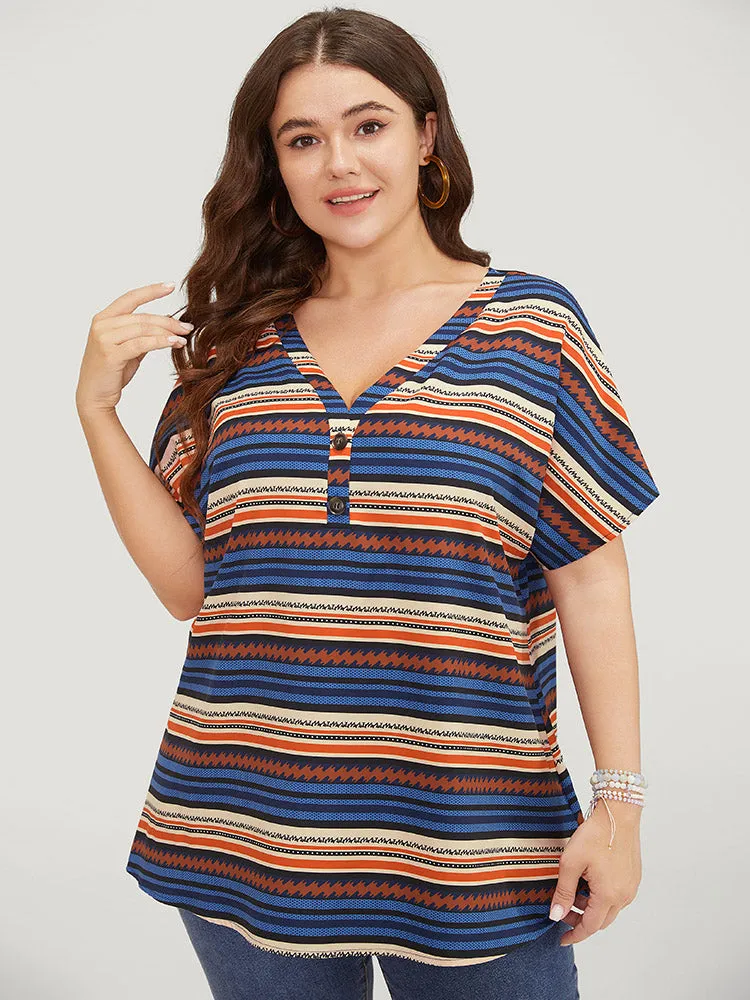 Striped Contrast Button Detail Batwing Sleeve Blouse sold by Bloomchic