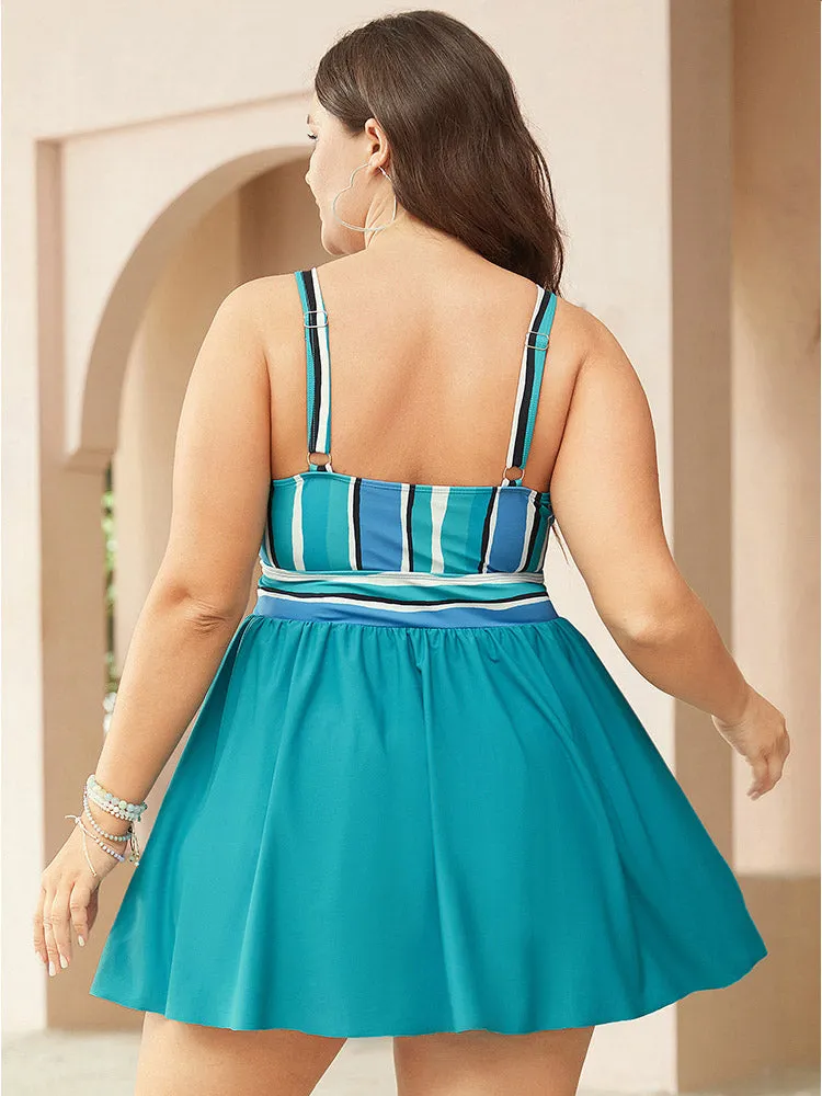 Striped Contrast Ptachwork V Neck Ruffle Trim Swim Dress sold by Bloomchic product image thumbnail 2