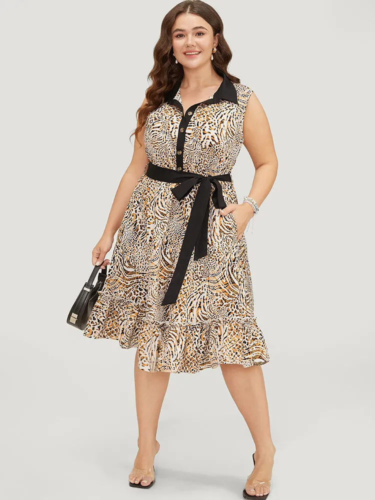 Leopard Contrast Trim Pocket Ruffle Hem Belted Button Up Dress sold by Bloomchic product image thumbnail 3
