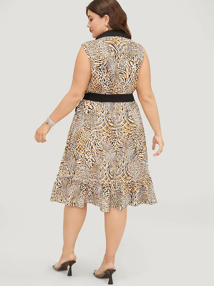 Leopard Contrast Trim Pocket Ruffle Hem Belted Button Up Dress sold by Bloomchic product image thumbnail 5