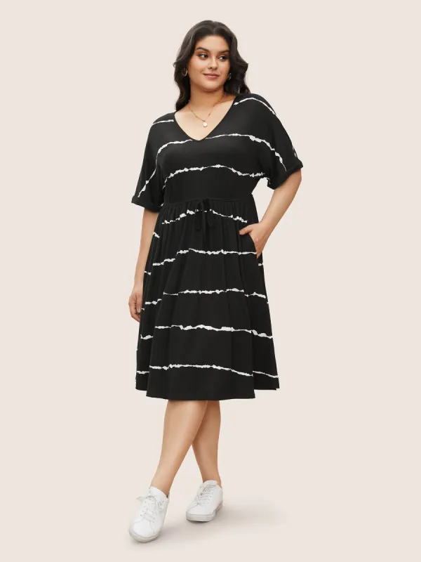 Tie Dye Roll Dolman Sleeve Pocket Gathered Knot Striped Dress sold by Bloomchic
