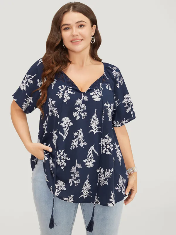 Floral Tassels Tie Neck Contrast Lace  Blouse sold by Bloomchic