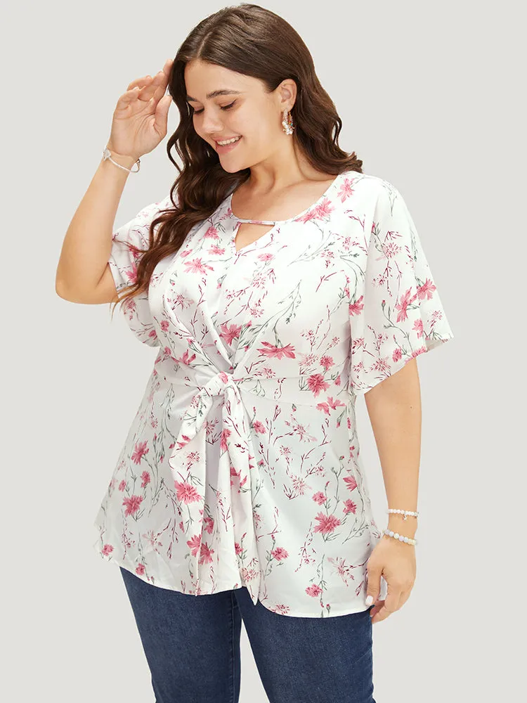 Floral Ruffle Knyhole Raglan Sleeve Knotted Front Blouse sold by Bloomchic product image thumbnail 2