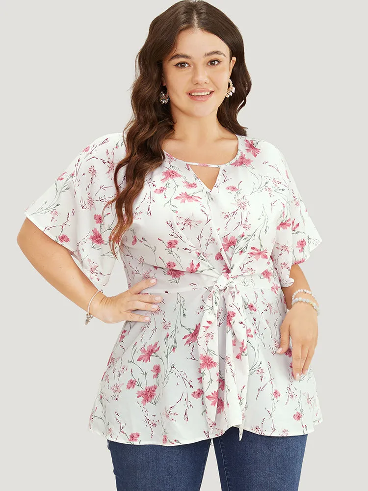 Floral Ruffle Knyhole Raglan Sleeve Knotted Front Blouse sold by Bloomchic