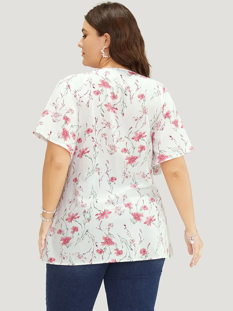 Floral Ruffle Knyhole Raglan Sleeve Knotted Front Blouse sold by Bloomchic product image thumbnail 5