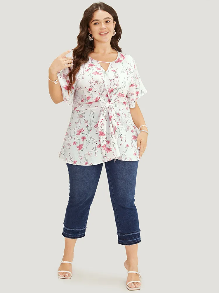 Floral Ruffle Knyhole Raglan Sleeve Knotted Front Blouse sold by Bloomchic product image thumbnail 4