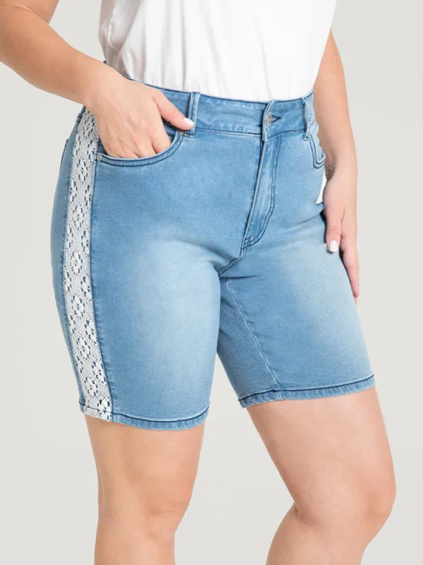 Very Stretchy High Rise Light Wash Contrast Lace Denim Shorts sold by Bloomchic