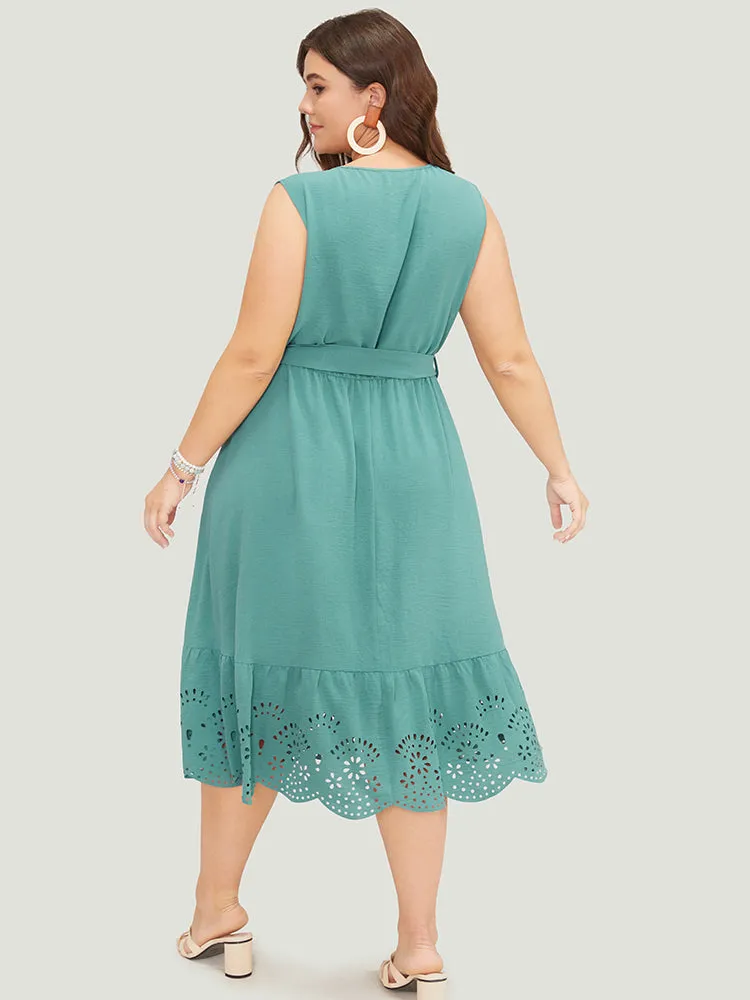 Plain Pocket Wrap Belted Laser Cut Flutter Tank Dress sold by Bloomchic product image thumbnail 2