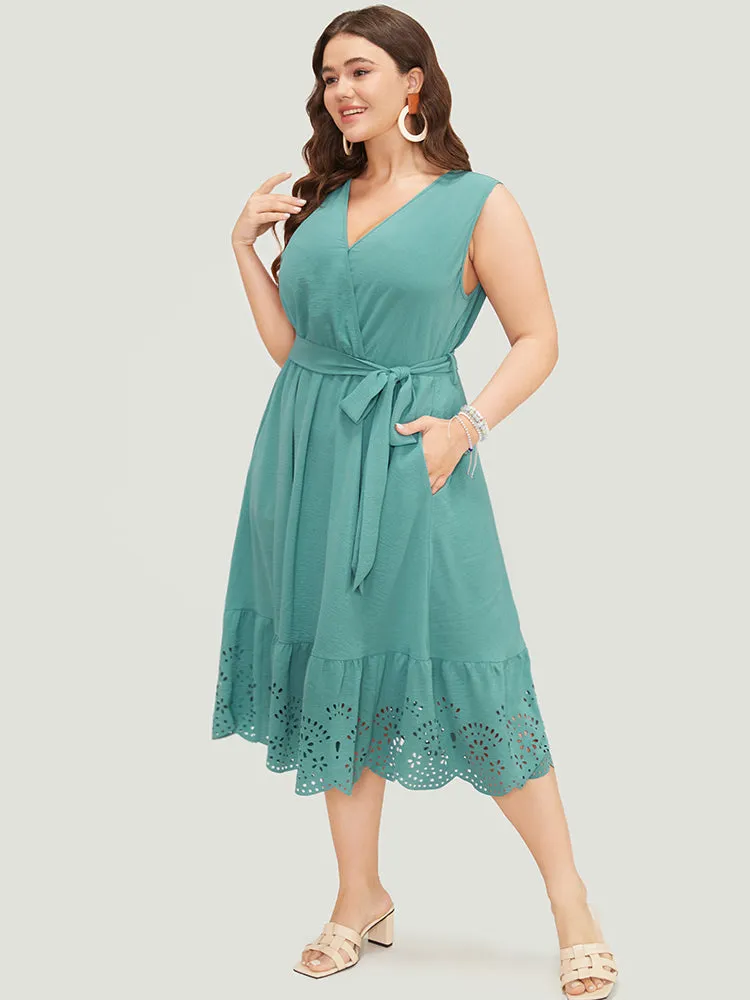 Plain Pocket Wrap Belted Laser Cut Flutter Tank Dress sold by Bloomchic product image thumbnail 3