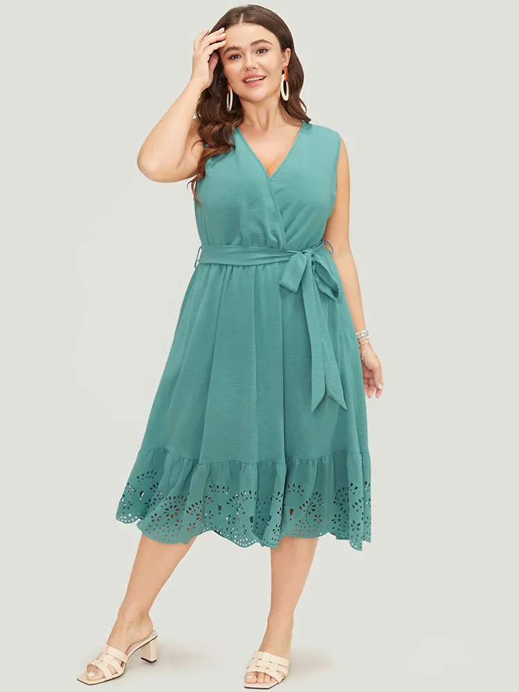 Plain Pocket Wrap Belted Laser Cut Flutter Tank Dress sold by Bloomchic product image thumbnail 4