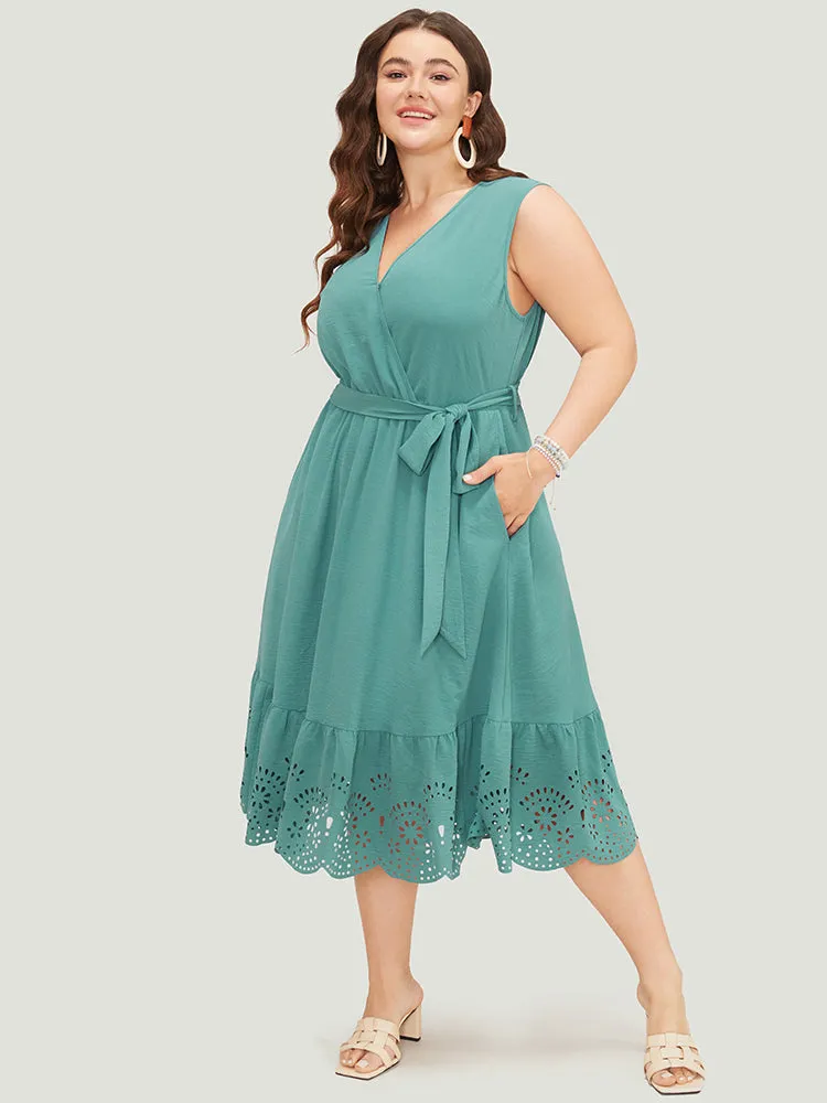 Plain Pocket Wrap Belted Laser Cut Flutter Tank Dress sold by Bloomchic