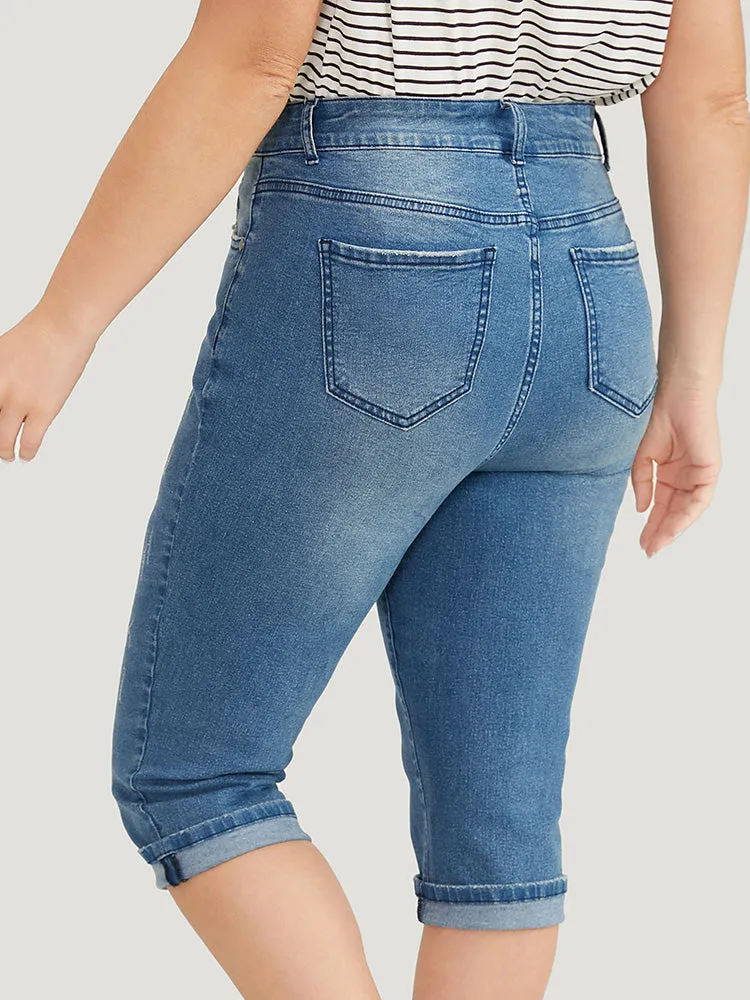 Very Stretchy Medium Wash Roll Hem Knee Denim Shorts sold by Bloomchic product image thumbnail 5