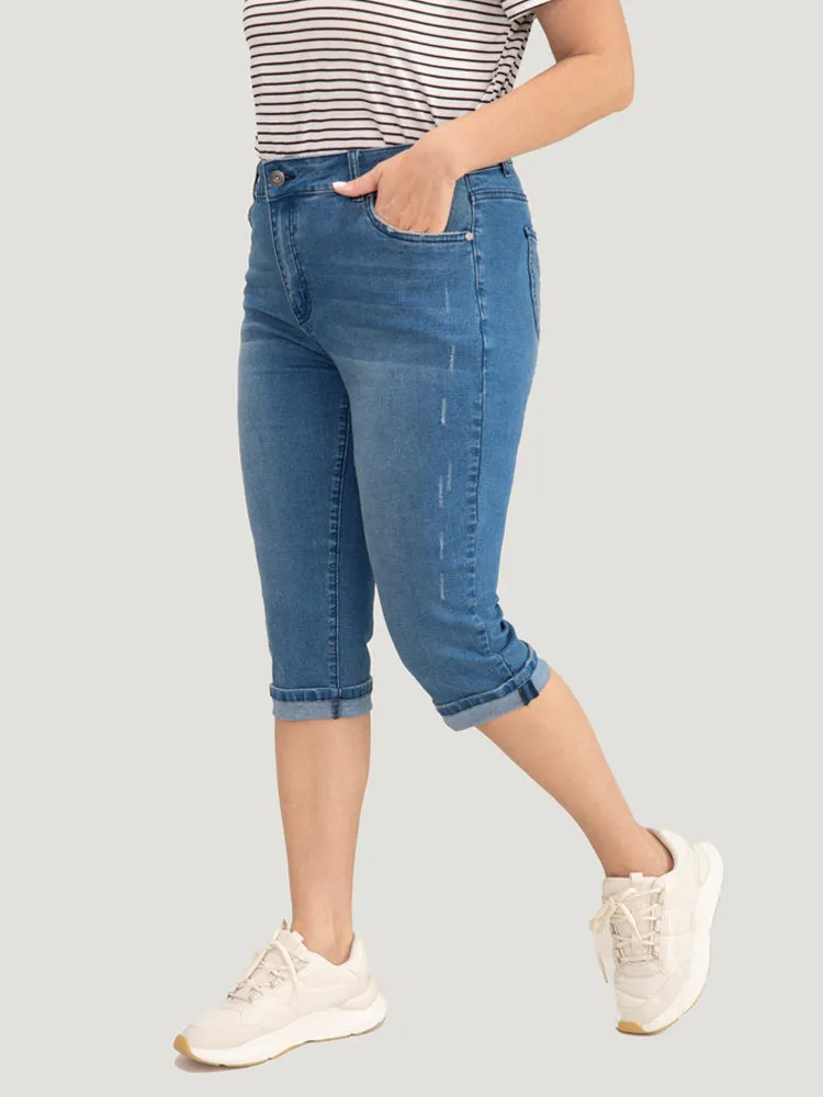 Very Stretchy Medium Wash Roll Hem Knee Denim Shorts sold by Bloomchic